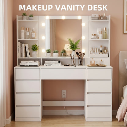 Lighted Vanity Desk with Mirror And 9 LED Bulbs Dressing Table with 9 Drawers And Built In Power Outlets Elegant Makeup Station for Bedroom