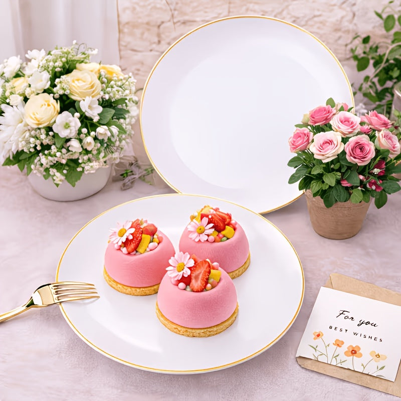 100 Count 7 Inch Golden Rim Disposable Plastic Plates Heavy Duty Clear Round Dinner Plates for Wedding Birthday Party  Daily Use