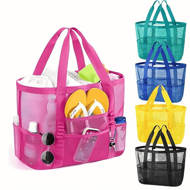 Summer Essentials Large Sandproof Mesh Beach Tote Bag with 9 Pockets Foldable Portable Shoulder Bag Large Capacity MultiPocket Storage for Beach Swimming Gym Travel Vacation School Bathroom  Grocery Shopping Ideal Family Beach Bag