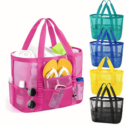Summer Essentials Large Sandproof Mesh Beach Tote Bag with 9 Pockets Foldable Portable Shoulder Bag Large Capacity MultiPocket Storage for Beach Swimming Gym Travel Vacation School Bathroom  Grocery Shopping Ideal Family Beach Bag