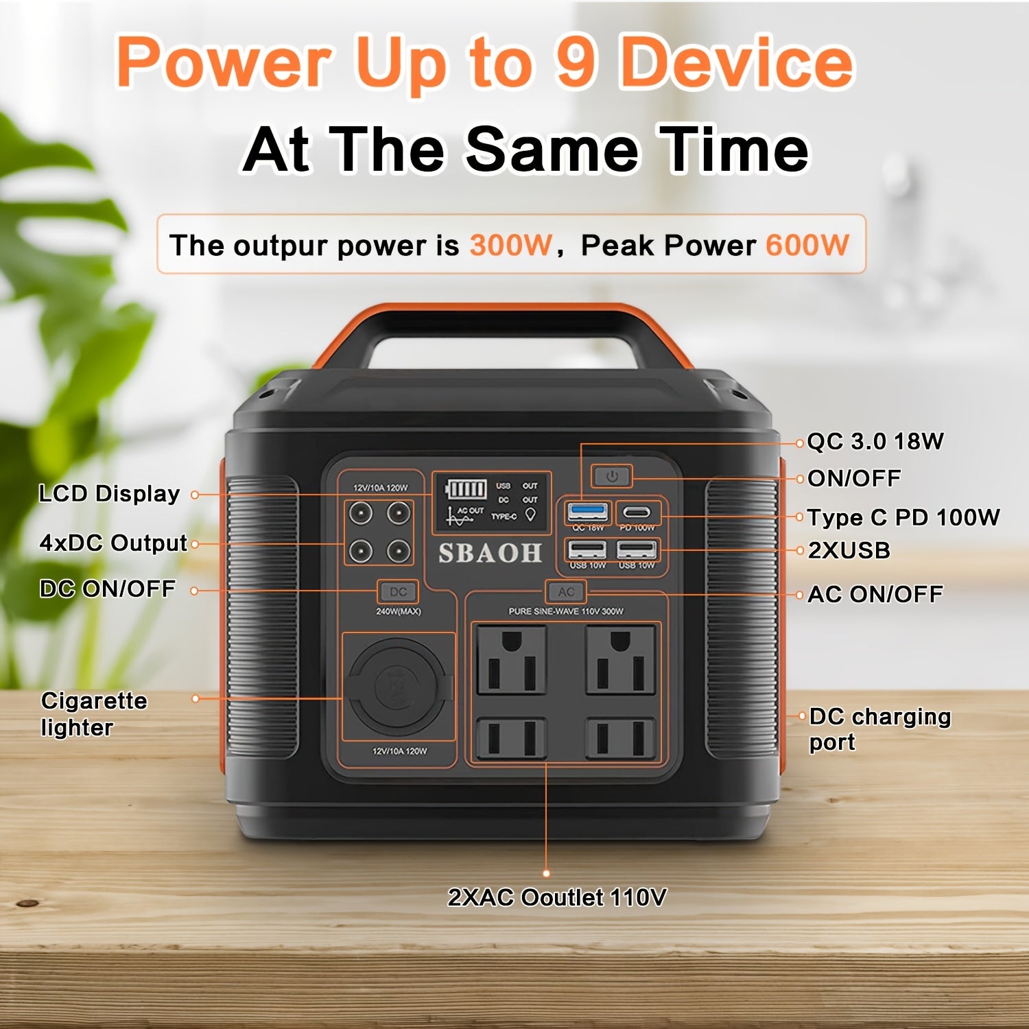 SBAOH 300W Portable Power Station 296Wh 80000mAh Solar Powered Generator with 100W PD Fast Charging 13 Outlets Digital Display Lithiumion Battery for Home Backup RV Camping And Emergency Power  60W Solar Panel Is Optional