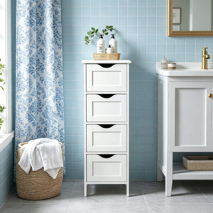 4 Drawer Bathroom Storage Cabinet Slim Narrow Floor Cabinet with Recessed Pull Handles Farmhouse Freestanding Storage Organizer for Small Space Bathroom Kitchen Living Room