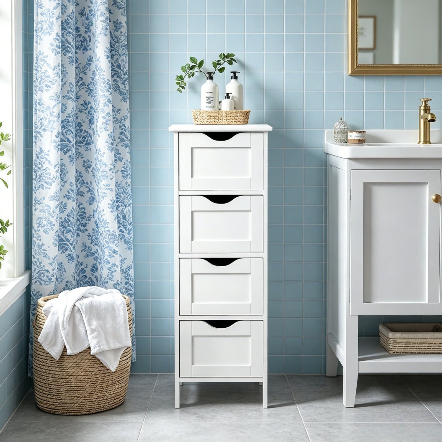 4 Drawer Bathroom Storage Cabinet Slim Narrow Floor Cabinet with Recessed Pull Handles Farmhouse Freestanding Storage Organizer for Small Space Bathroom Kitchen Living Room
