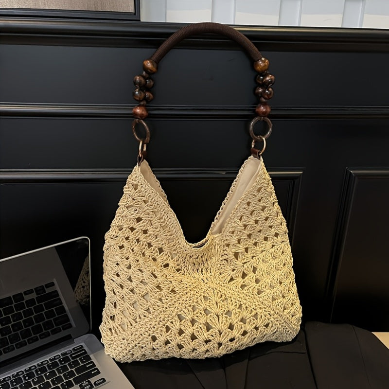 1pc WomenS Elegant Plaid Knit Shoulder Backpack  Beige  Khaki Crossbody Handbag with Fixed Buckle Closure Durable Polyester Lining  Beige Lining Versatile for Beach Travel Commuting  Daily Use Hand Washable Fabric Spacious Casual  Profes