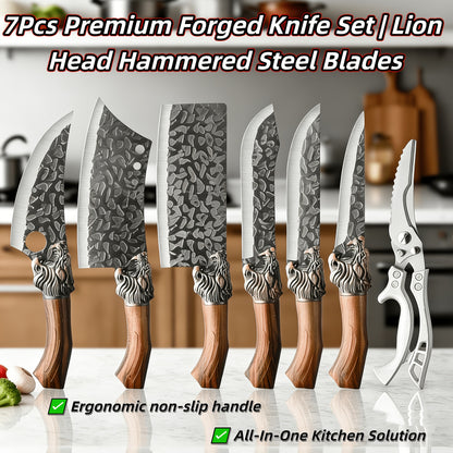 7pcs Japanese Chef Knife Set with Brown Wood Handle  Sheaths  Handmade Forged DamascusStyle Blade VGrind Sharp Knives for Meat Fish Vegetables Fruits  Professional Kitchen Knives for Home Cooks  Chefs Ideal Gift  Includes Boning Butcher Uti