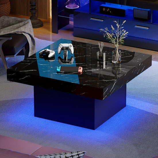 354 High Gloss Coffee Tables with Adjustable LED Lights Strip Square Coffee Table for Living Room Modern Coffee Table with Large Tabletop for Meeting Room Home Office Marble BlackRustic BrownBlack