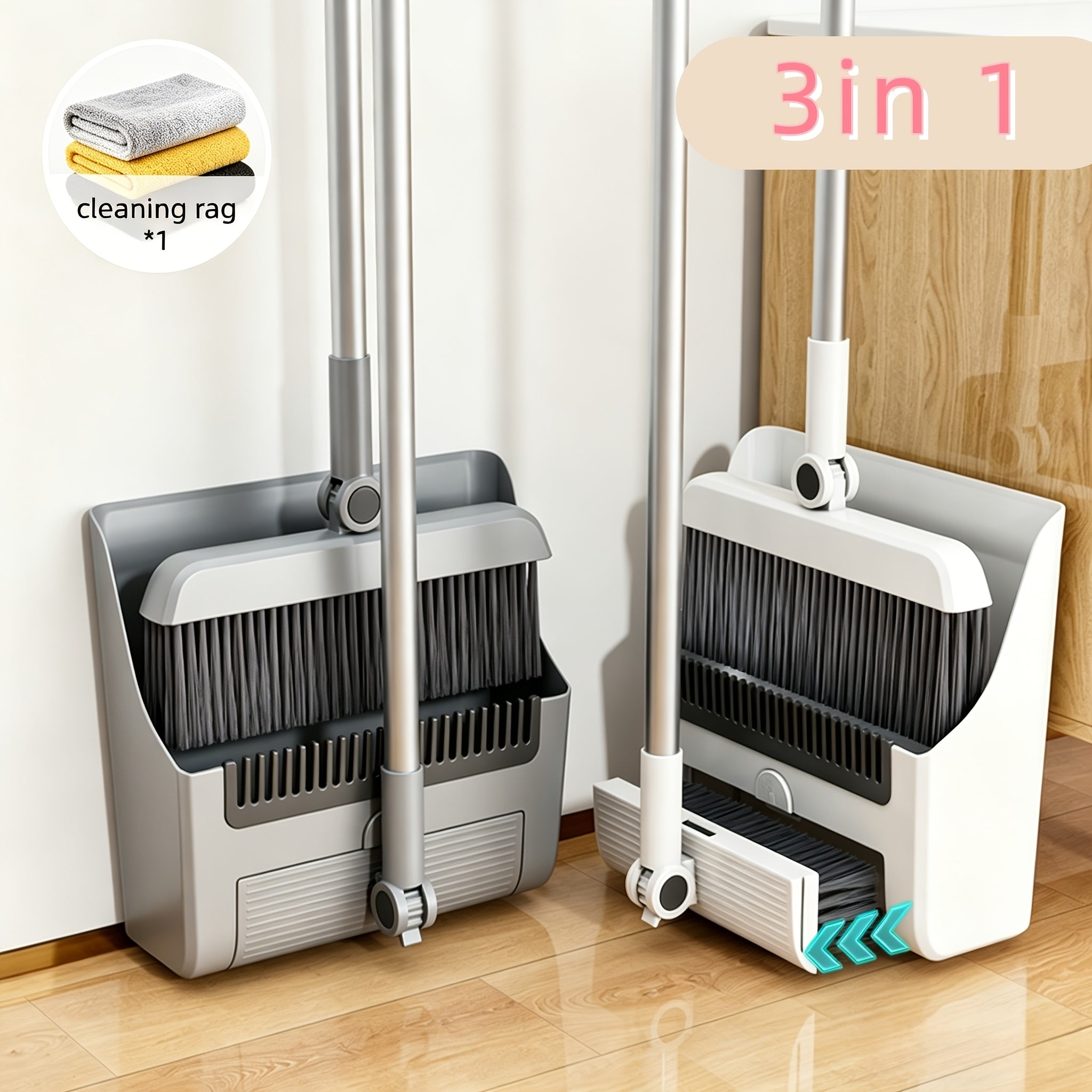 3in1 Upright Broom And Dustpan Combo Long Handle Floor Sweeping Brush Set With Comb Teeth Dustpan Garbage Bag Holder Indoor Outdoor Cleaning Kit For Kitchen Balcony Patio Garage Party Cleanup