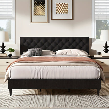 TwinFullQueenKing Size Bed Frame With Headboard Linen Fabric Upholstered Bed Frame With Wood Slatsmattress Not Included Halloween Decor Wood Slats For Easy Assembly Button Tufted WhiteBlueDark GrayLight GrayPink