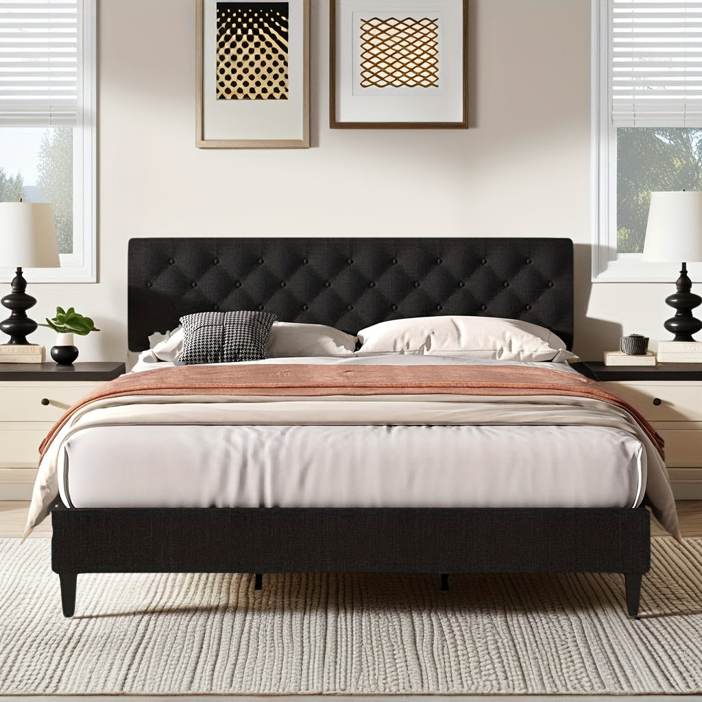 TwinFullQueenKing Size Bed Frame With Headboard Linen Fabric Upholstered Bed Frame With Wood Slatsmattress Not Included Halloween Decor Wood Slats For Easy Assembly Button Tufted WhiteBlueDark GrayLight GrayPink