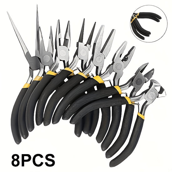 Professional 8pcs Chrome Vanadium Steel Pliers Set Small Hand Tools for Jewelry Making DIY Crafts Electronic MultiType Pliers with Spring Back Design Black Yellow Grip