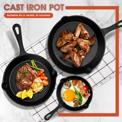 Premium 3pcs Cast Iron Skillet Set  NonStick Skillet with Drip Spout Perfect for Holiday Cooking RV Use And Campfire Meals