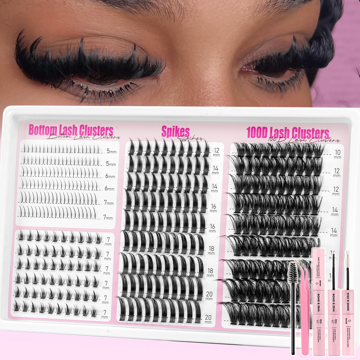 360pcs 4in1 Individual Lashes Cluster Kit C Curl Bottom Lashes Mixed Spikes And 100D Wispy Cluster Lashes with 2in1 Bond And Seal Tweezers Waterproof And Sweatproof Long Lasting Reusable Lashes for Daily And Party Looks Beginner Friendly