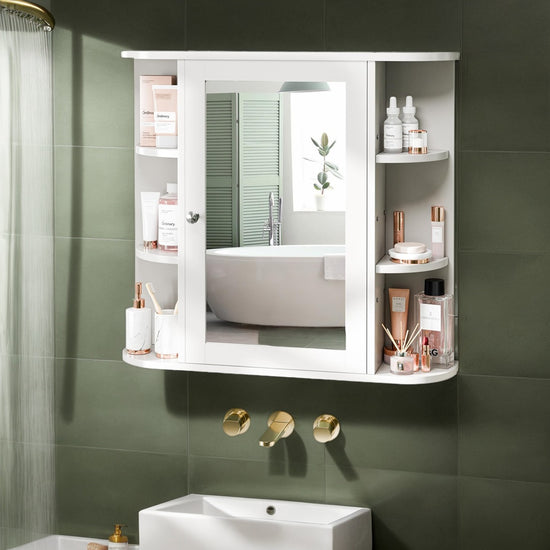 WallMounted Bathroom Mirror Cabinet Featuring a Medicine Cabinet with Six SideOpening Shelves Finished in White
