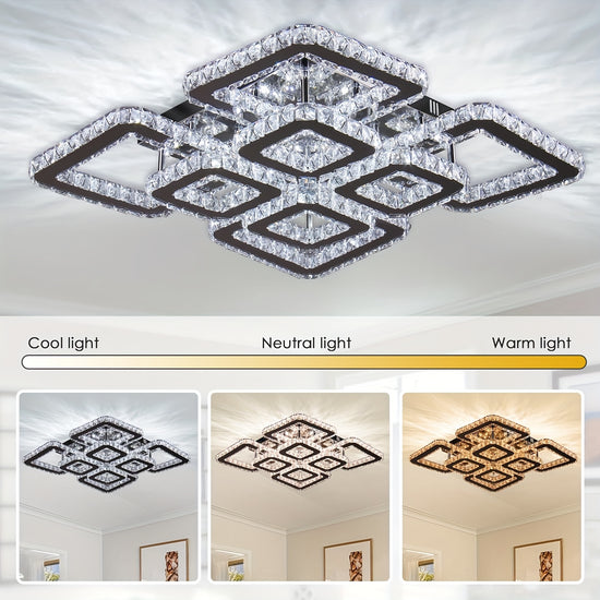 20 Modern LED Crystal Chandelier Square Flush Mount Ceiling Light with 8 Adjustable Lights Polished Metal Finish Sparkling Crystal Accents for Bedroom  Dining Room Ambient Lighting  Geometric Chandelier  Embedded Installation Chandeliers for Ceil