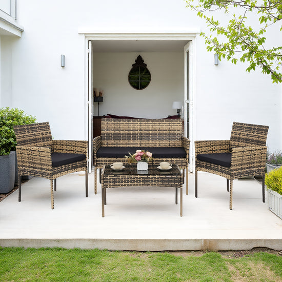 KROFEM 4pcs Wicker Bistro Furniture Set Includes 2 Chairs with Water Resistant Cushions Coffee Table And Comfy Loveseat Perfect for Any Outdoor Gathering