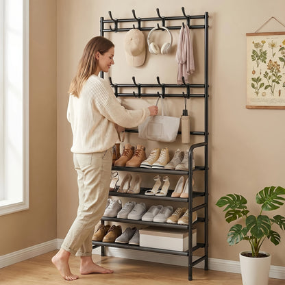 SUOERNUO 4Tier HeavyDuty Metal Entryway Coat Rack  Shoe Rack with 8 Hooks  Storage Shelf  Freestanding Sturdy Organizer with Spacious Shelves SpaceSaving Vertical Design for Hallway Bedroom Closet  Easy Assembly Modern Finish