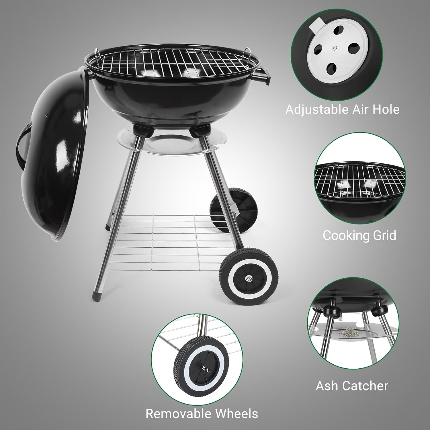 17Inch Portable Charcoal Grill with Smoking Function  HeavyDuty Round Outdoor Grill with Thickened Bowl 4 Legs with Wheels Design Stable And Durable Suitable for Camping Travel Backyard Barbecue Tailgate Party Gifts for FatherS Day