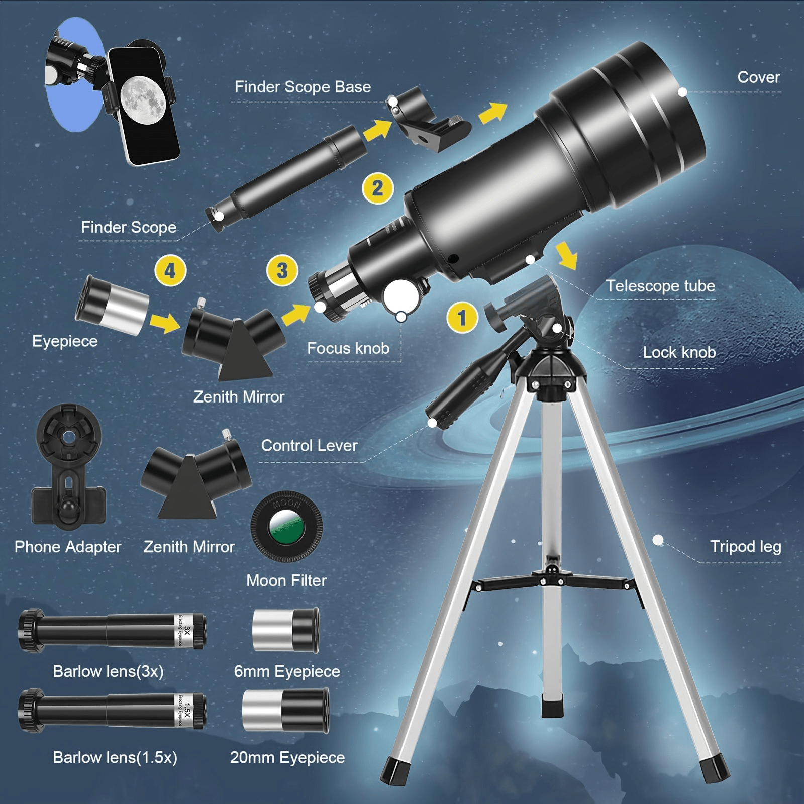 150X telescope 70mm aperture telescope suitable for adults portable astronomical telescope with tripod phone holder eyepiece Barlow lens perfect for big viewing nature education and exploration It is the best Christmas gift for family members an