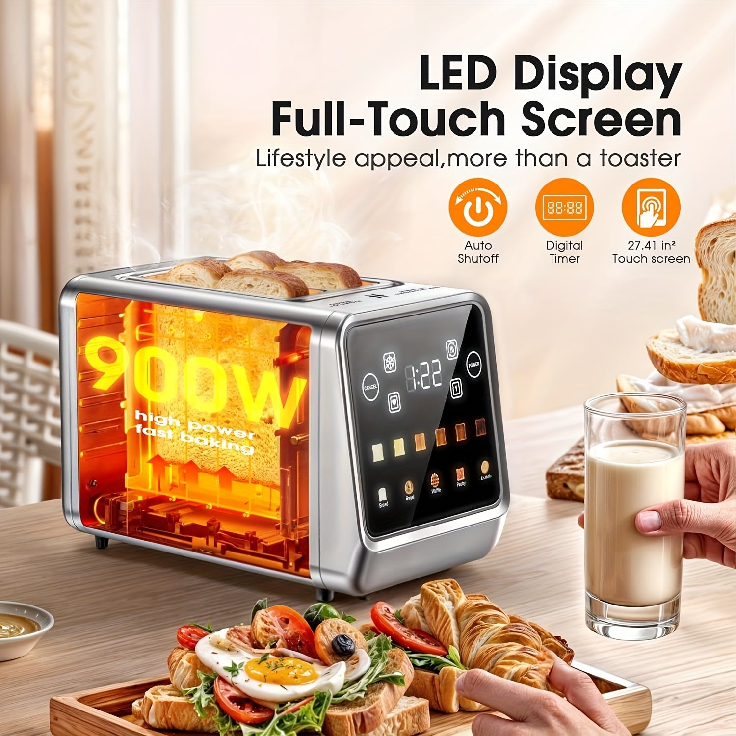Touch Screen Toaster 2 Slice Stainless Steel Smart Digital Toasters With Memory Function 5 Bread Types  6 Shade Settings 15 Toasters 2 Slice Wide Slot 900W