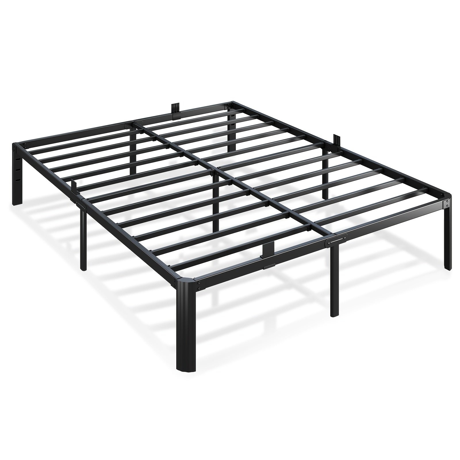 14inch durable black metal bed frame upgraded round fanshaped legs 4 mattress limiters 3500LBS heavyduty steel strips no springs required no noise reinforced large storage space below does not include headboard easy to assemble
