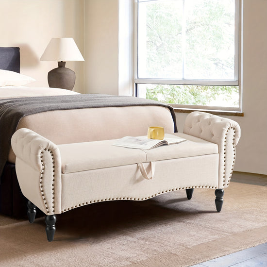 MidCentury Modern Large Capacity Wooden Storage Box Bedroom End of Bed Chair with RollUp Arms  Spacious Storage Space FlipTop Design Perfect for Bedroom Living Room Hallway  Durable Sturdy Easy to Assemble