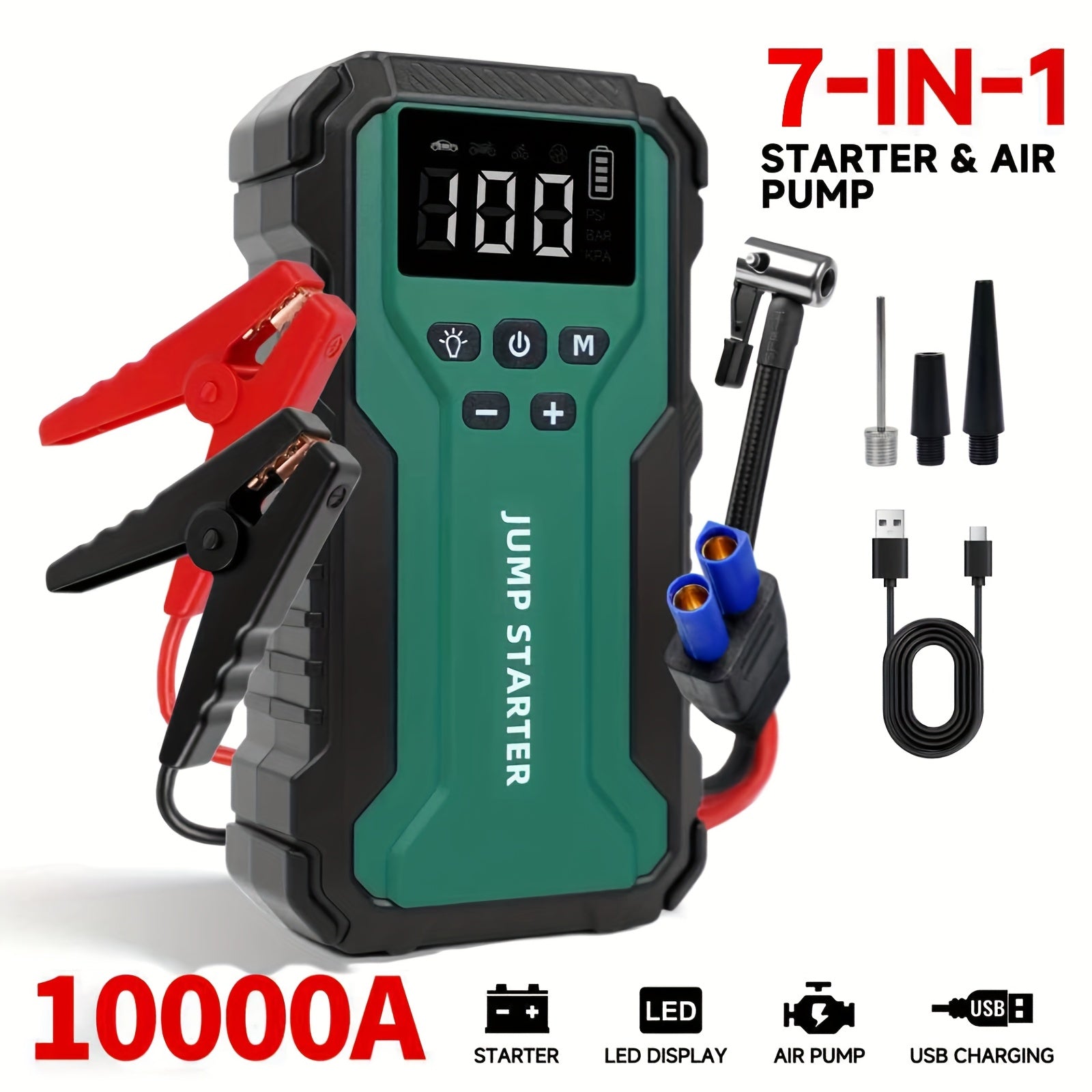 10000A 7in1 Multifunctional Emergency Start Power Supply with Air Pump 150PSL Portable Car Battery Starter Digital Tire Inflator Suitable for 264 Gallon Gasoline Or 238 Gallon Diesel Battery LED Emergency Light Car Emergency Tool