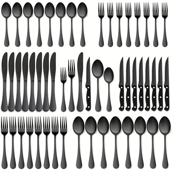 48pcs Silverware Set with Steak Knives Christmas Stainless Steel Flatware Cutlery Set Eating Utensils for 8 Spoons Forks Knives for Home Kitchen Simple Design  Mirror Finish Dishwasher SafeSilvery Black