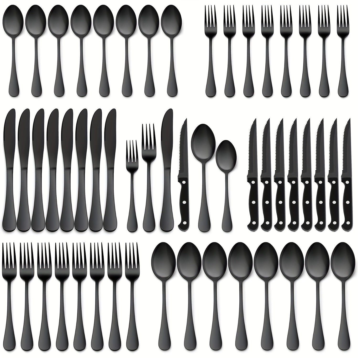 48pcs Silverware Set with Steak Knives Christmas Stainless Steel Flatware Cutlery Set Eating Utensils for 8 Spoons Forks Knives for Home Kitchen Simple Design  Mirror Finish Dishwasher SafeSilvery Black