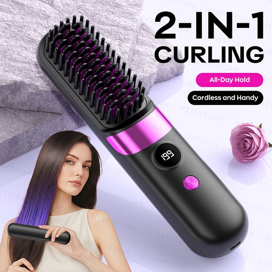 Multifunctional Hair Straightener Brush Curling Iron Easy Design 4Level Temperature Adjustment Suitable for Straight And Curly Hair Styling Fast Heating LED Display USB Charging