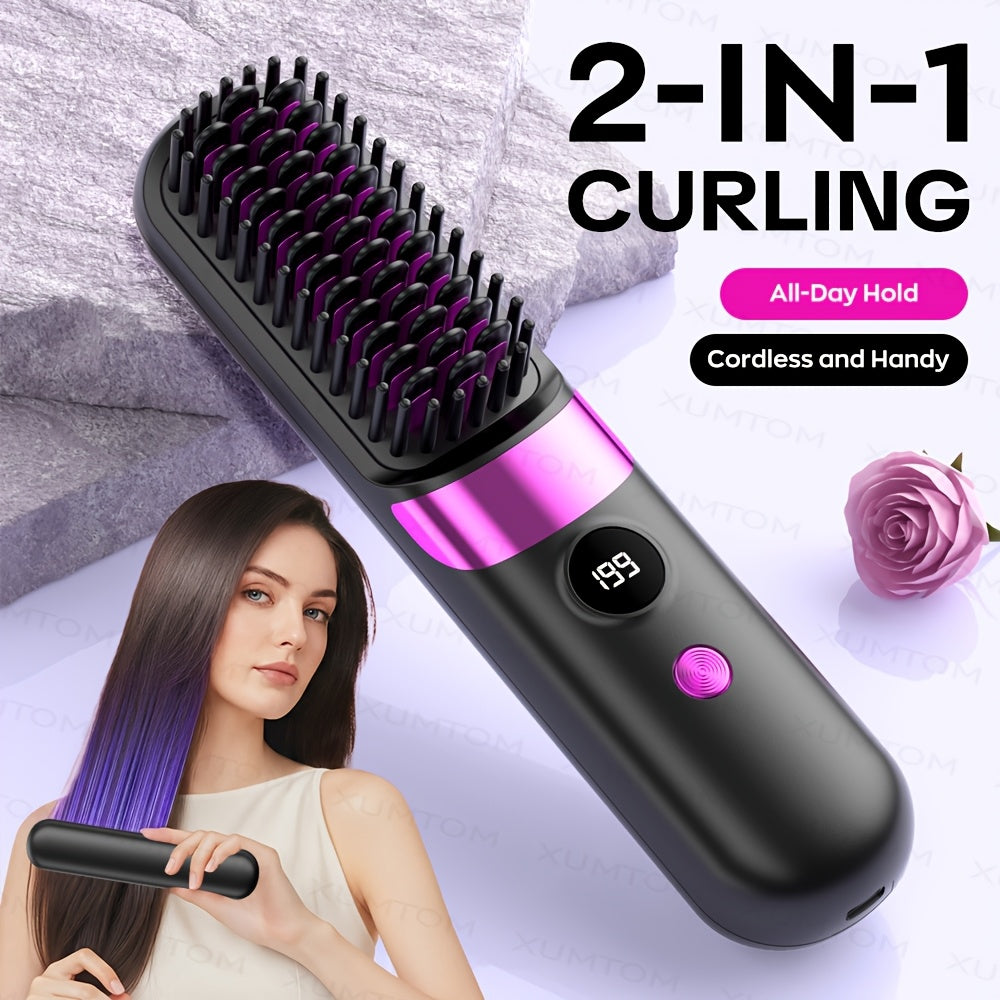 Multifunctional Hair Straightener Brush Curling Iron Easy Design 4Level Temperature Adjustment Suitable for Straight And Curly Hair Styling Fast Heating LED Display USB Charging