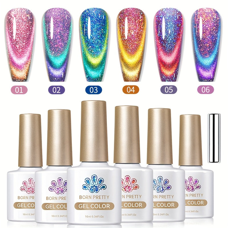 BORN PRETTY 034oz 6pcs Double Light Reflective Glass Cat Magnetic Gel Polish for Halloween Party Sparkling Rainbow Color Gel Soak Off