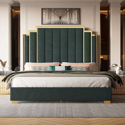 Velvet Upholstered Platform Bed Frame Available in 614 Or 65 Sizes Featuring a GoldTrimmed Headboard And Wooden Slats No Box Spring Required