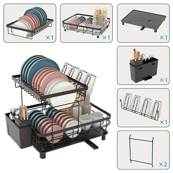 Dish Drying Rack 2 Tier Dish Racks for Kitchen Counter Large Stainless Steel Kitchen Dish Drying Rack Detachable Large Capacity Dish Drainer Organizer with Utensil Holder Drain Board