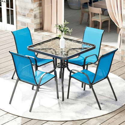 5pcs Outdoor Patio Dining Set Umbrella Not Included Porch Furniture with 4 Textline Chairs 1 Square Glass Table for Garden Backyard And Poolside Lawn