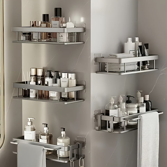 123pcs Metal Punchfree Bathroom Rack Thickened Easy to Install Multipiece Bathroom Rack Punchfree Wallmounted Storage Rack Largecapacity Wallmounted Black And Silvery Multifunction Storage Rack Suitable for Toilets And Bathrooms